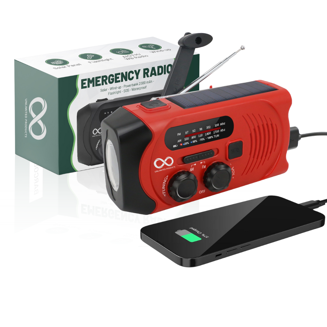 Zonne-energie Noodradio – Draagbare Dynamo Radio AM/FM – 2000mAh Powerbank – LED Zaklamp – IPX3 Waterdicht
