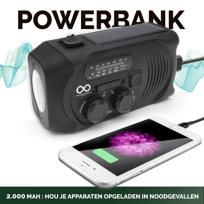 Noodradio - Solar - Opwindbaar - Powerbank 2000 mAh - Zaklamp - SOS - Waterproof