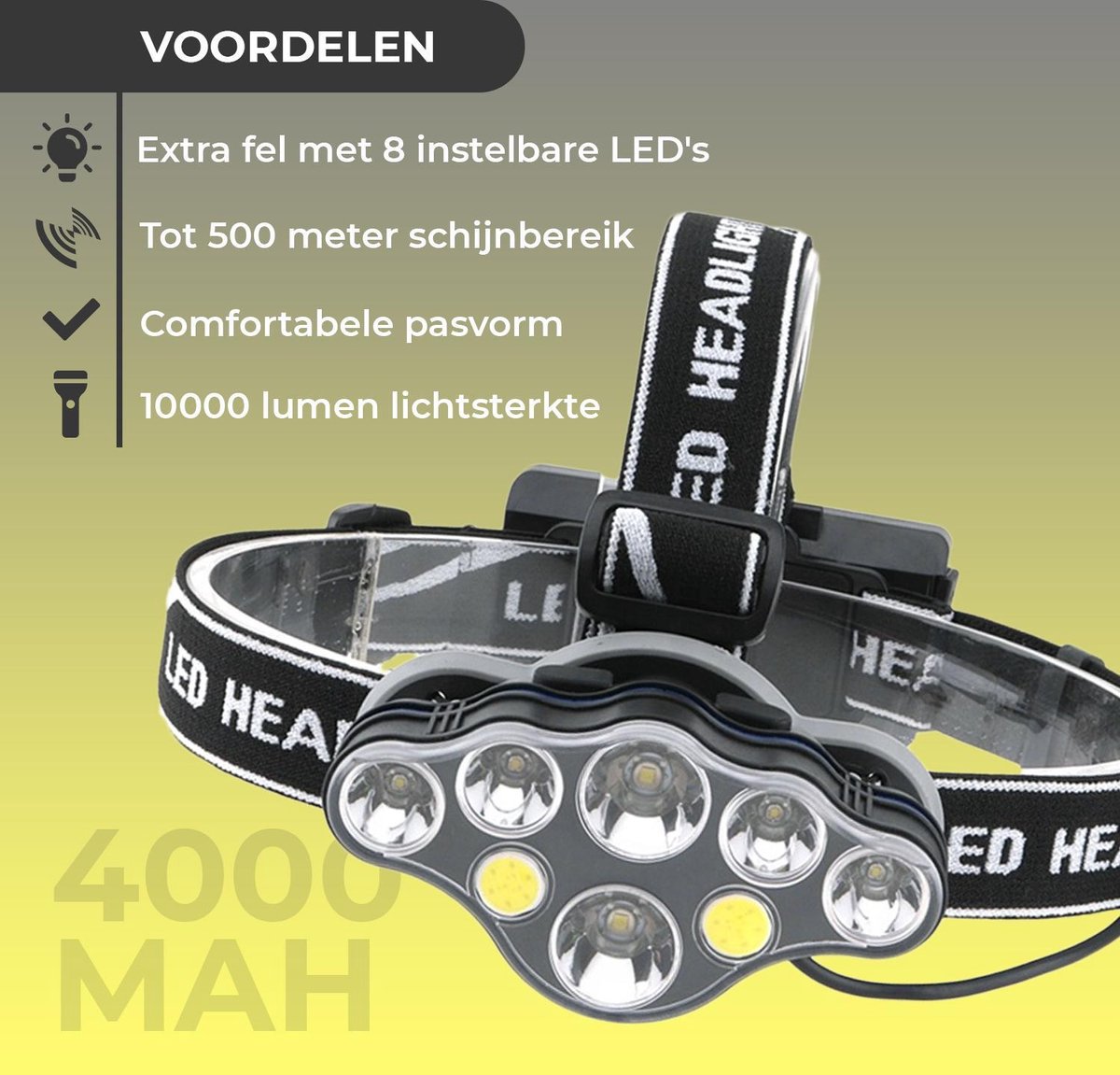 Krachtige Hoofdlamp-8 LED-10000 lumen-Waterdicht IP65-Oplaadbaar