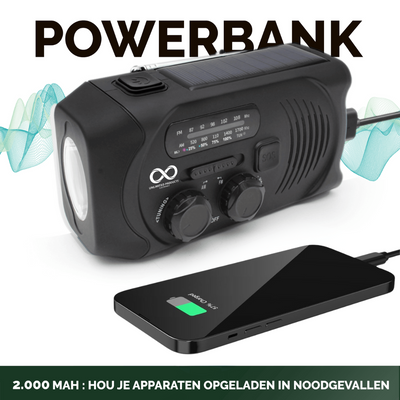 Noodradio - Solar - Opwindbaar - Powerbank 2000 mAh - Zaklamp - SOS - Waterproof